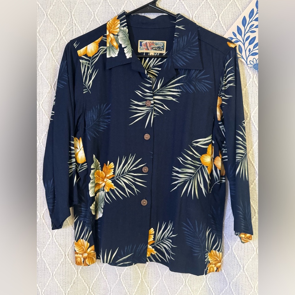 VTG La Cabaña Hawaiian Shirt – Navy & Yellow Floral Rayon Button-Down, Size M